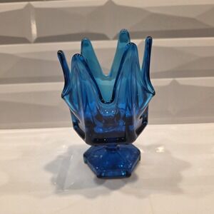 Viking Blue Glass Six Petal Handkerchief 5.5" Vase Geometric Hexagon Pedestal
